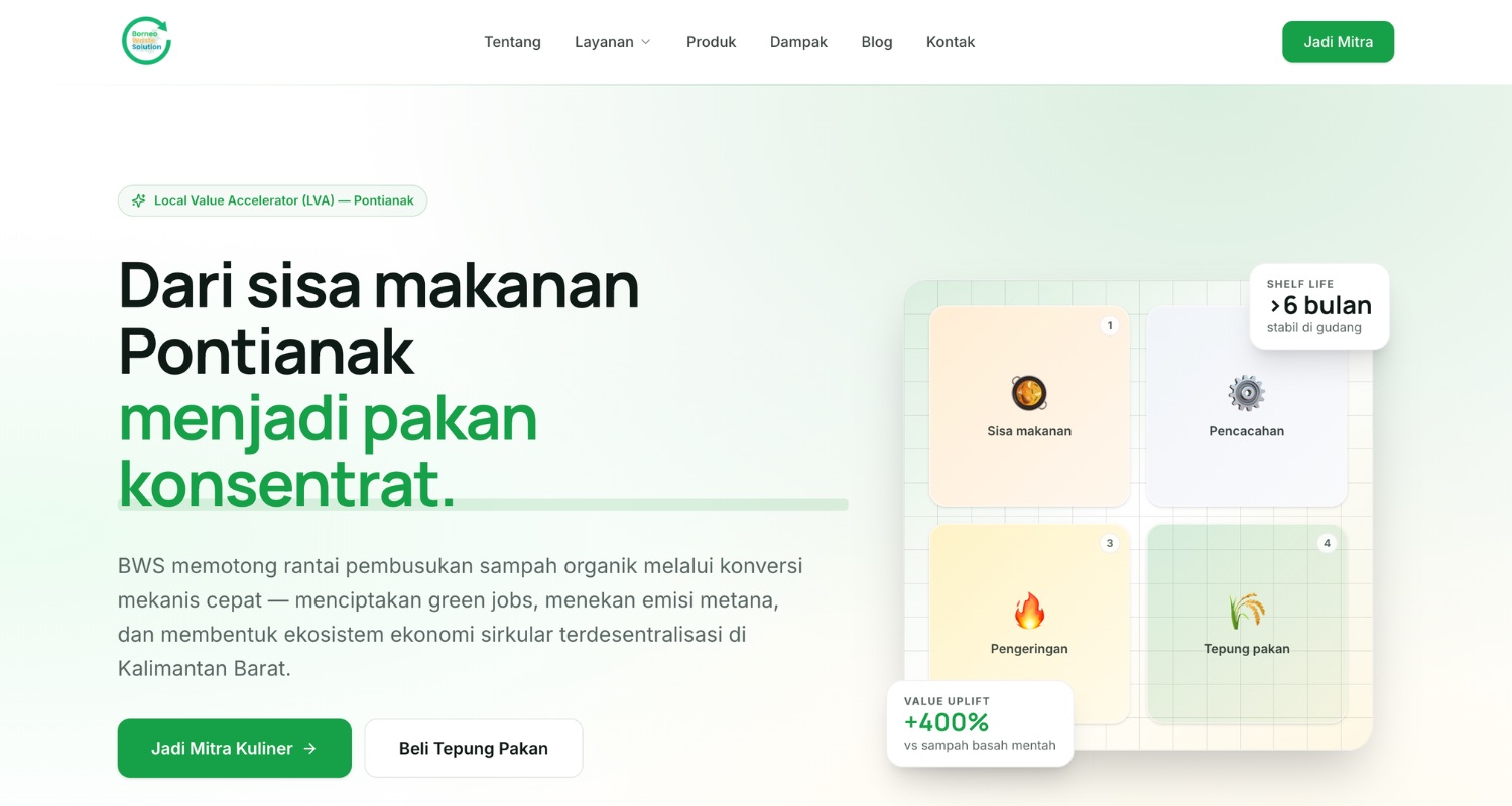 Tampilan halaman utama website Borneo Waste Solution